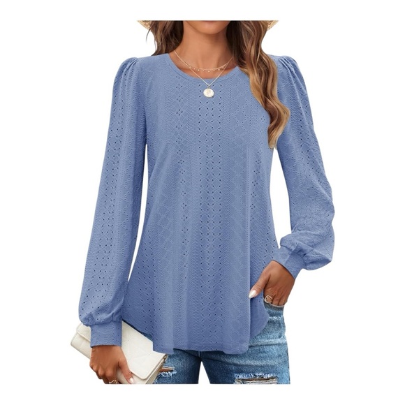 Zesica Tops - Zesica Light Blue Eyelet Long-Sleeve Blouse- M